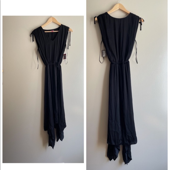 NWT XS VINCE CAMUTO shark bite hem shoulder tie floaty oasis rich black midimaxi - Picture 6 of 11